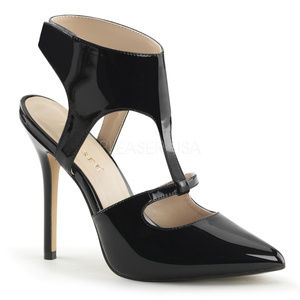 Pointy Toe High Heel Shoes T-Strap Black Patent